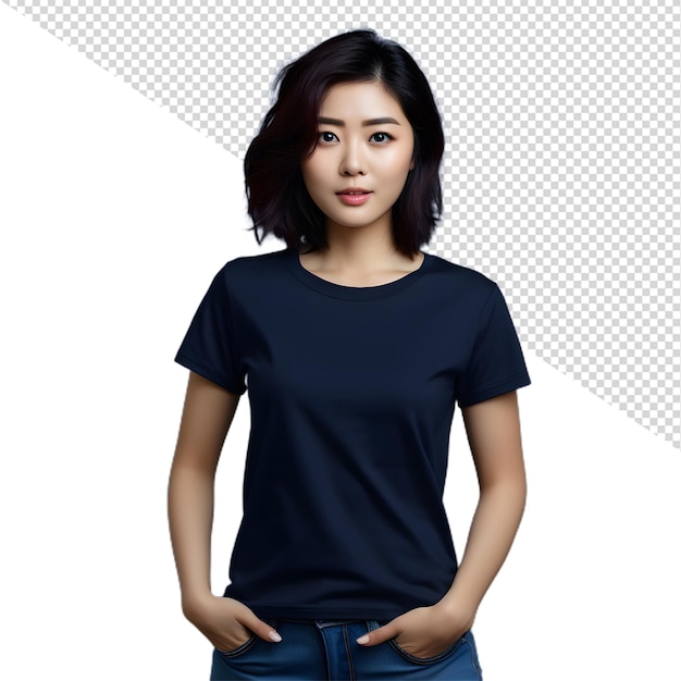 a woman wearing a blue shirt that says she is standing in front of a white background