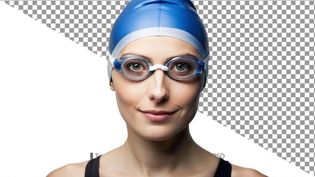 PSD woman wearing blue swim cap and goggles looking at camera