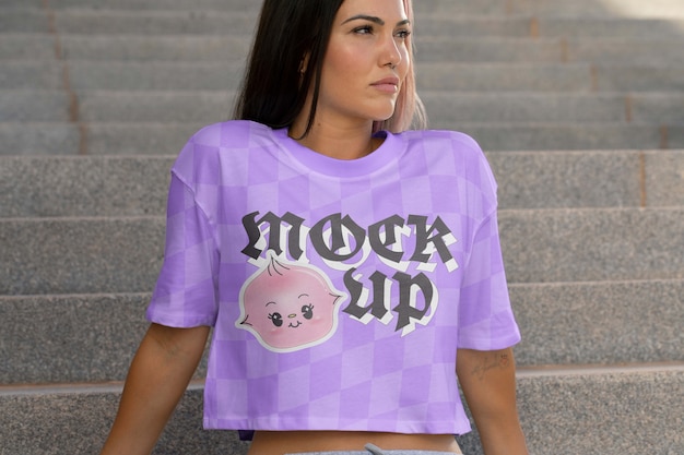 Woman wearing fashionable crop top mock-up