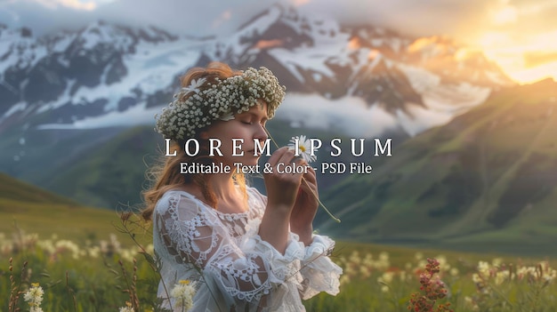 woman wearing flower crown holding flower with beautiful snow mountain and green hill landscaped