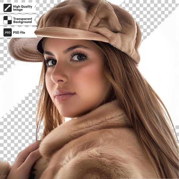 a woman wearing a fur hat with the word quot h e quot on it