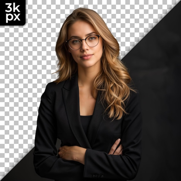 PSD a woman wearing glasses and a black jacket stands in front of a black background with a photo of a blonde woman wearing glasses