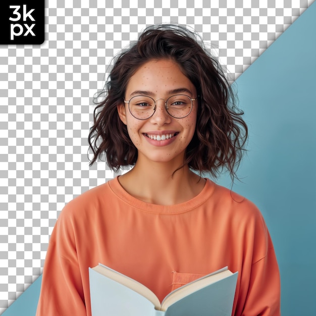 PSD a woman wearing glasses and a book with the letters lg on it