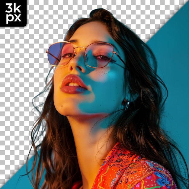 a woman wearing glasses and a colorful shirt with the letters x - px on it