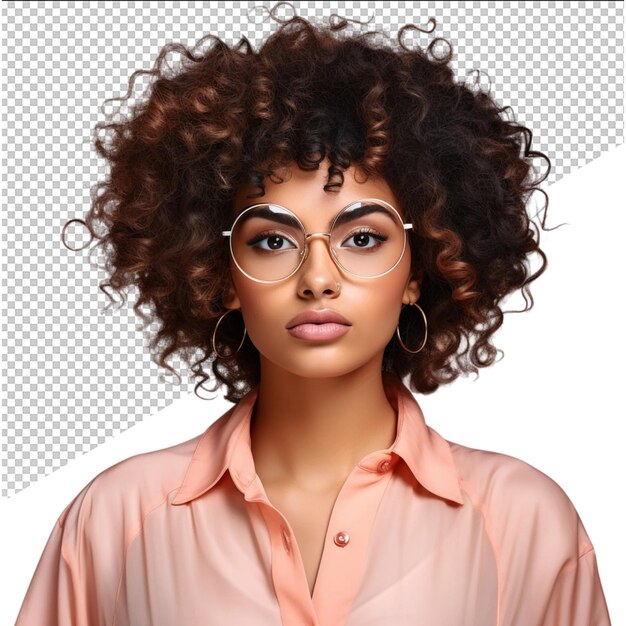 PSD a woman wearing glasses and a pink shirt with a pair of glasses