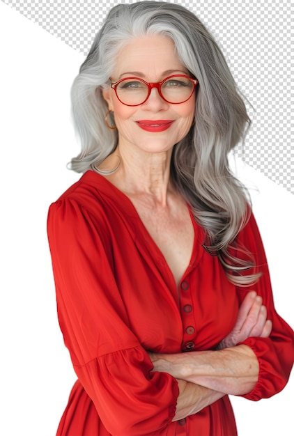 PSD woman wearing glasses and a red dress png