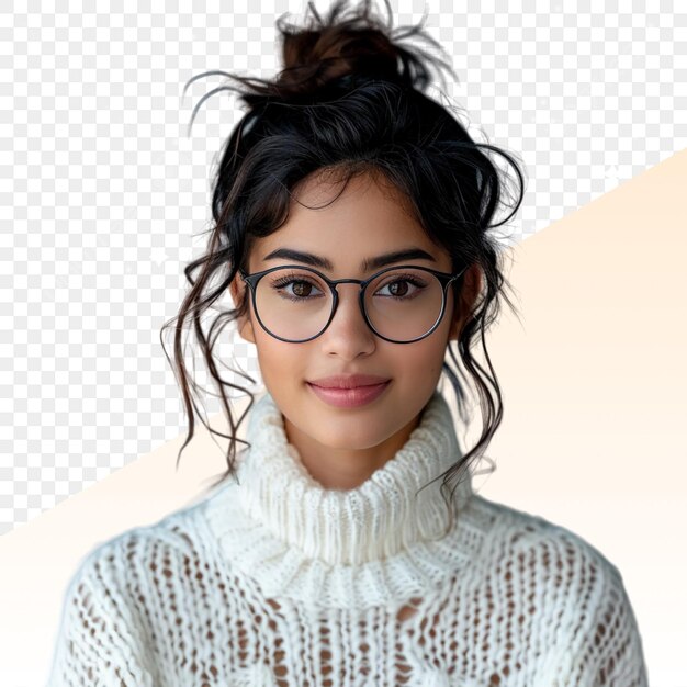 PSD a woman wearing glasses and a sweater with a white sweater on it