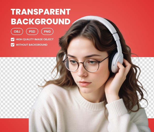 PSD a woman wearing glasses and a white shirt with headphones