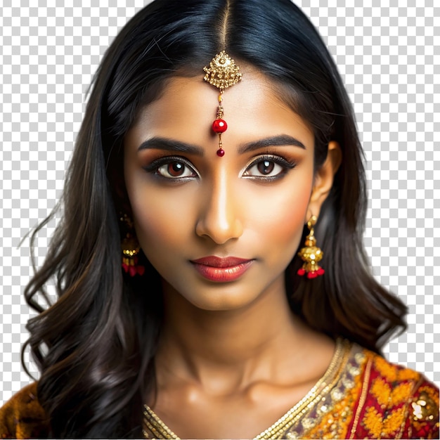 PSD a woman wearing a gold and red necklace and earrings with a red veil on her head on transparent background