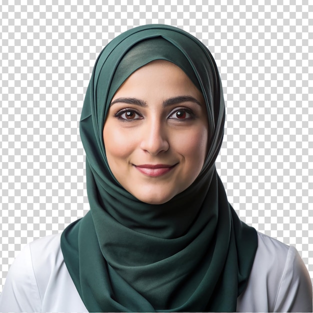 A woman wearing a gray head scarf is smiling on transparent background