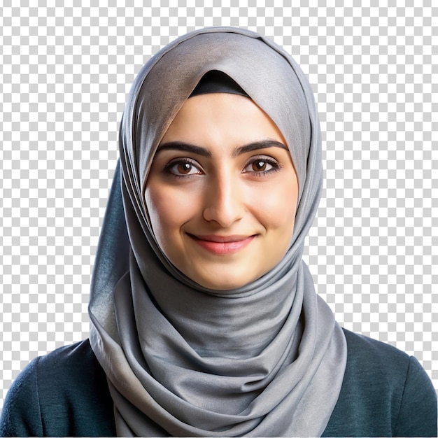 A woman wearing a gray head scarf is smiling on transparent background