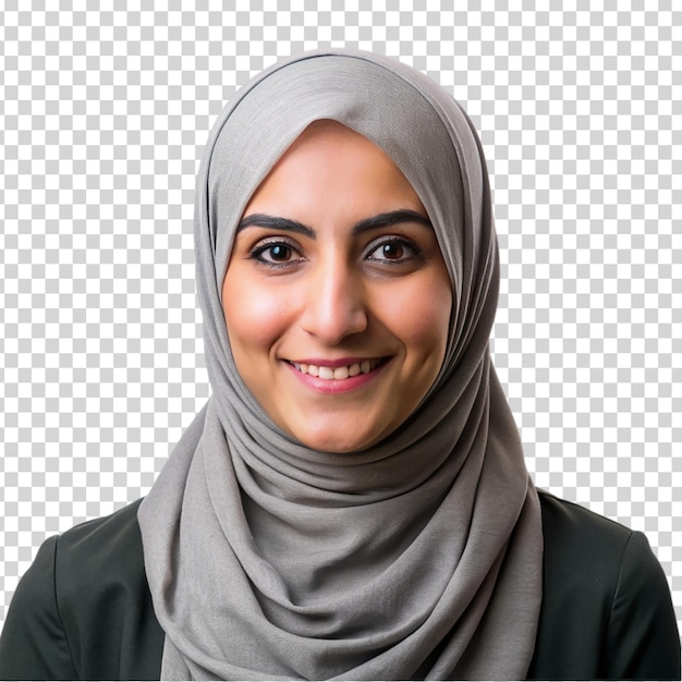 A woman wearing a gray head scarf is smiling on transparent background