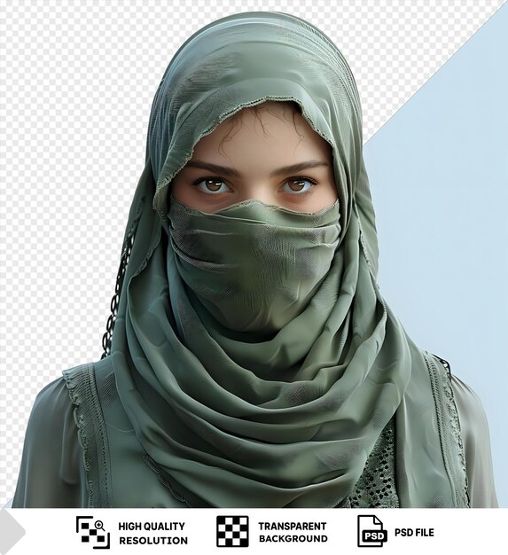 PSD a woman wearing a green hijab looks directly at the camera with a transparent background