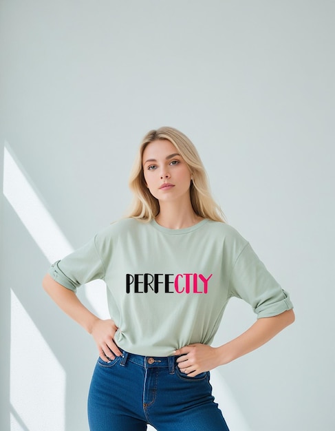 a woman wearing a green shirt that says pretty is standing in front of a white wall