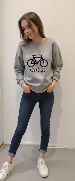 a woman wearing a grey sweatshirt with a bicycle on the front