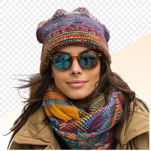 PSD a woman wearing a hat and scarf with a pair of sunglasses on it