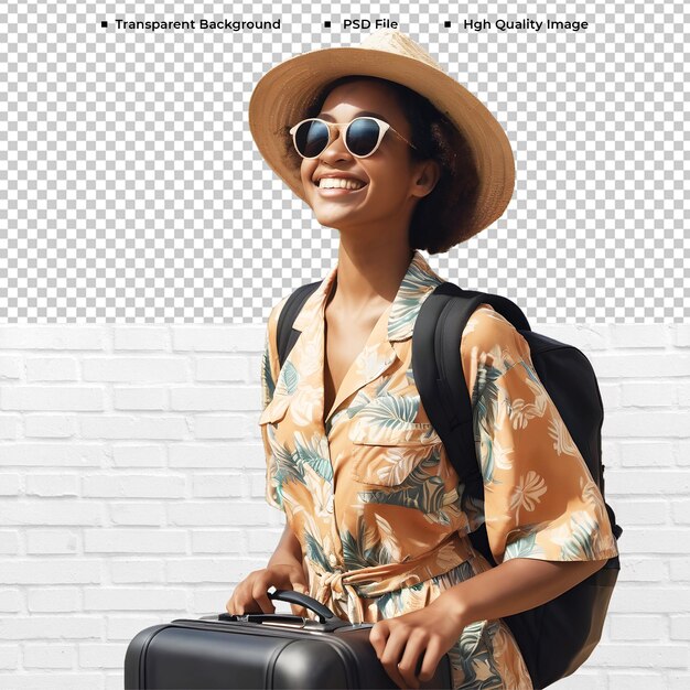 PSD a woman wearing a hat and sunglasses holds a suitcase