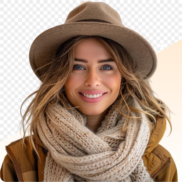 PSD a woman wearing a hat with a brown scarf and a brown scarf