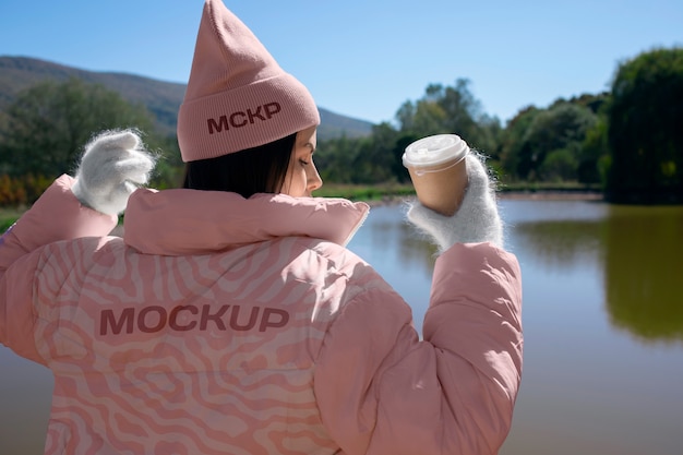 Woman wearing hoodie mockup for cold exposure