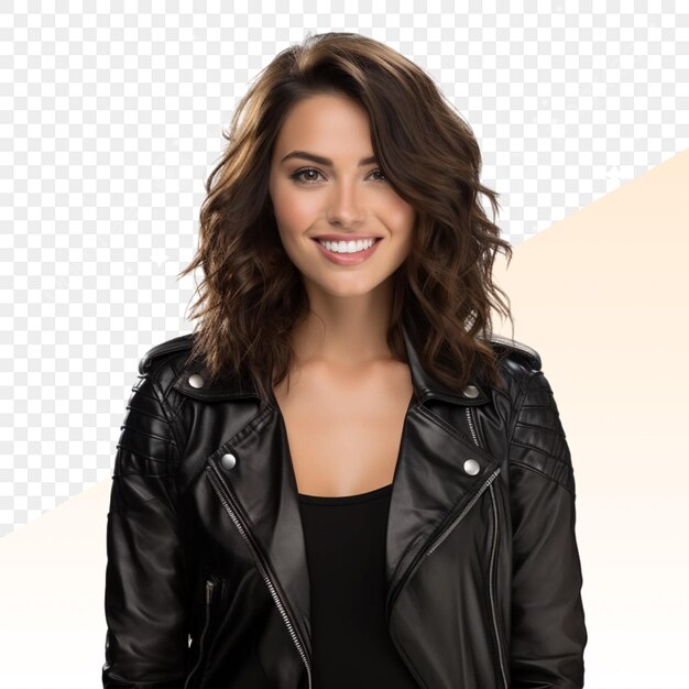 PSD a woman wearing a leather jacket with a black top and a black dress on it