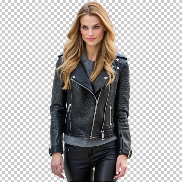 A woman wearing a leather jacket