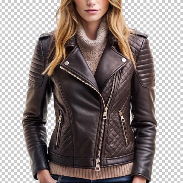 A woman wearing a leather jacket