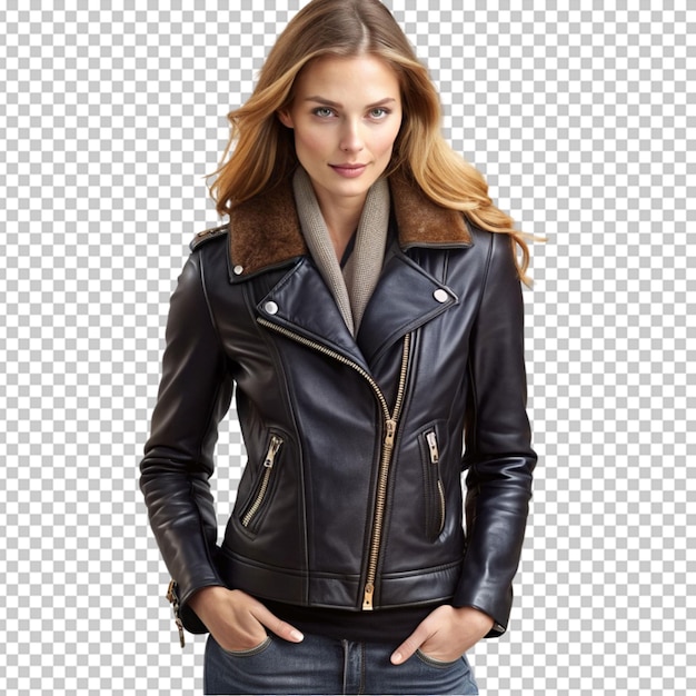 PSD a woman wearing a leather jacket