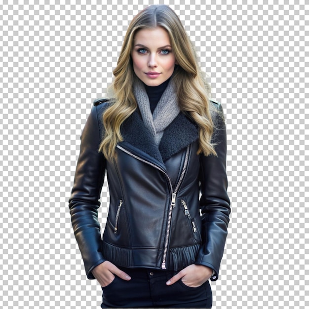 PSD a woman wearing a leather jacket