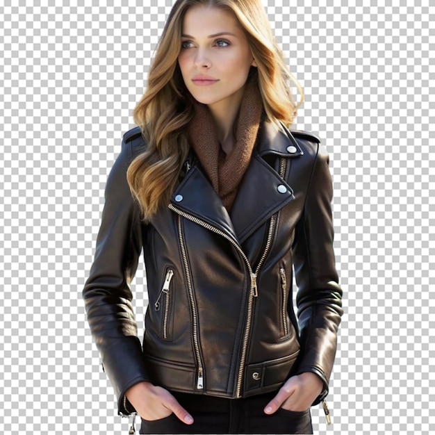 PSD a woman wearing a leather jacket