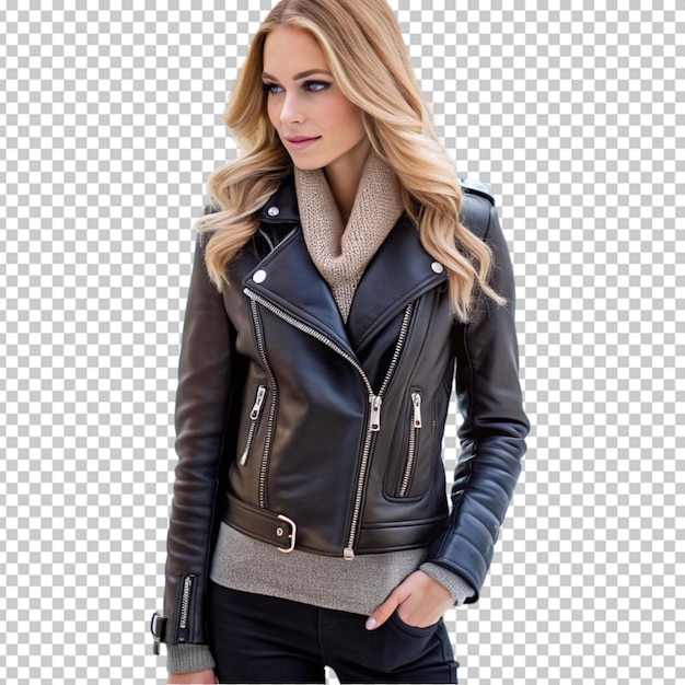 PSD a woman wearing a leather jacket