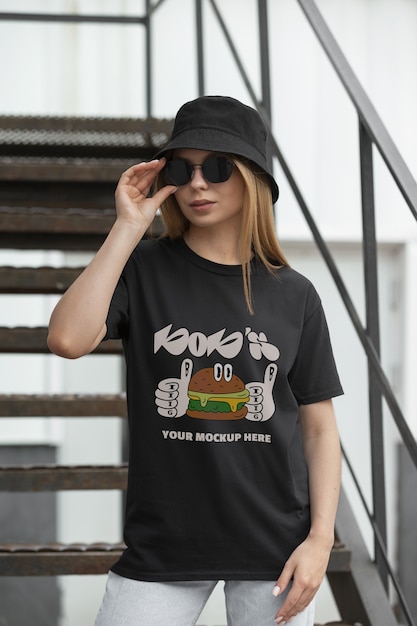 Woman wearing logo on front t-shirt mockup design