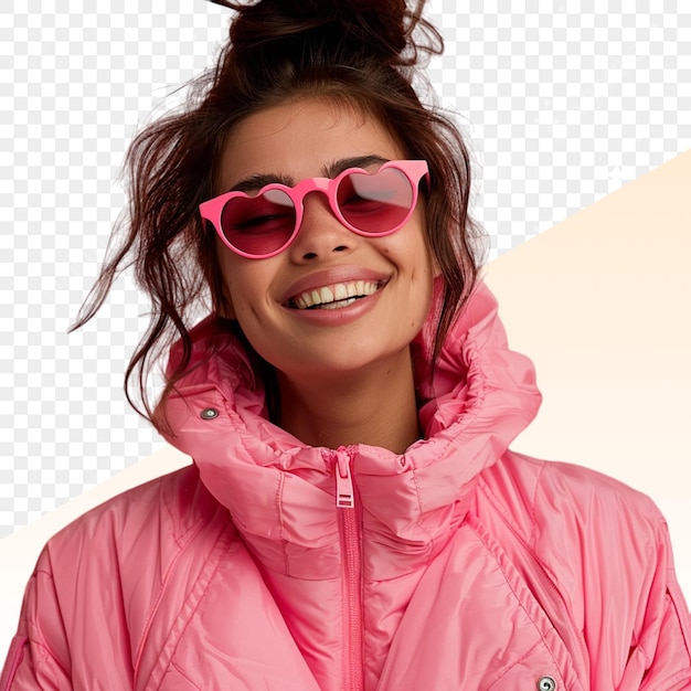 PSD a woman wearing a pink jacket with a hood that says quot shes wearing pink glasses quot