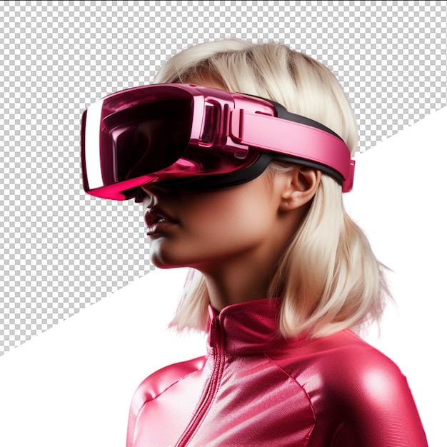 a woman wearing a pink virtual reality goggles with a pink lens