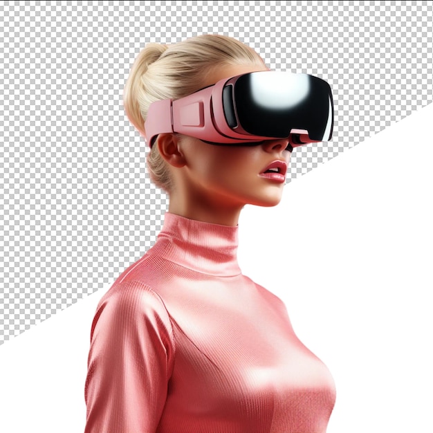 a woman wearing a pink virtual reality headband and a pink plastic headband