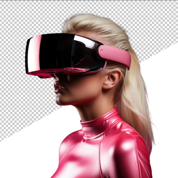 a woman wearing a pink virtual reality headgear