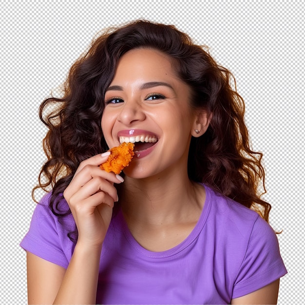 PSD a woman wearing a purple shirt with a purple eating food