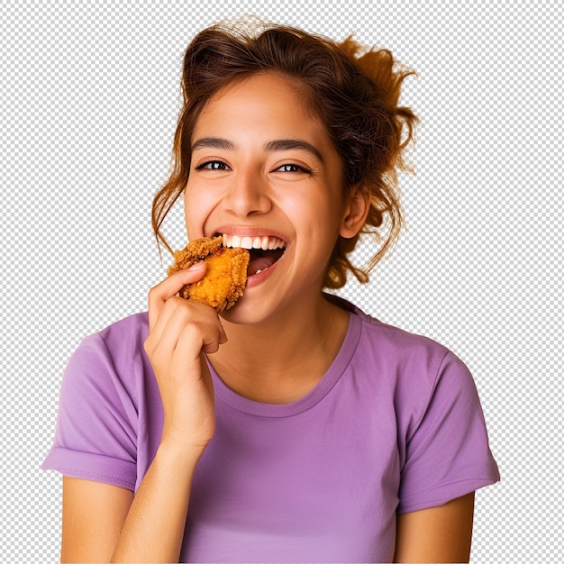 PSD a woman wearing a purple shirt with a purple shirt eating chicken