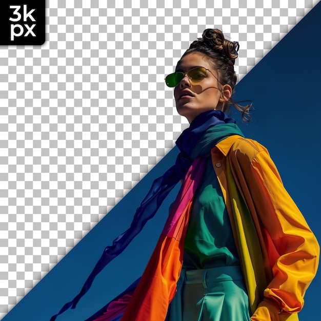 a woman wearing a rainbow colored top and sunglasses stands in front of a black and white photo