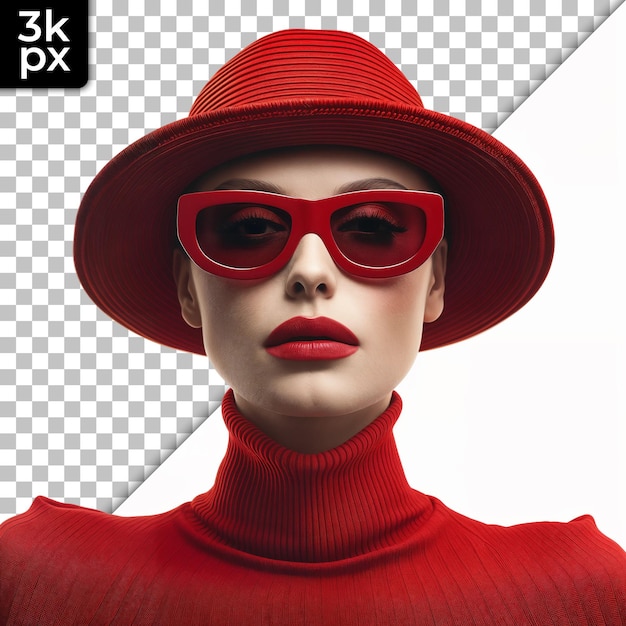 PSD a woman wearing a red hat and sunglasses is wearing a red sweater