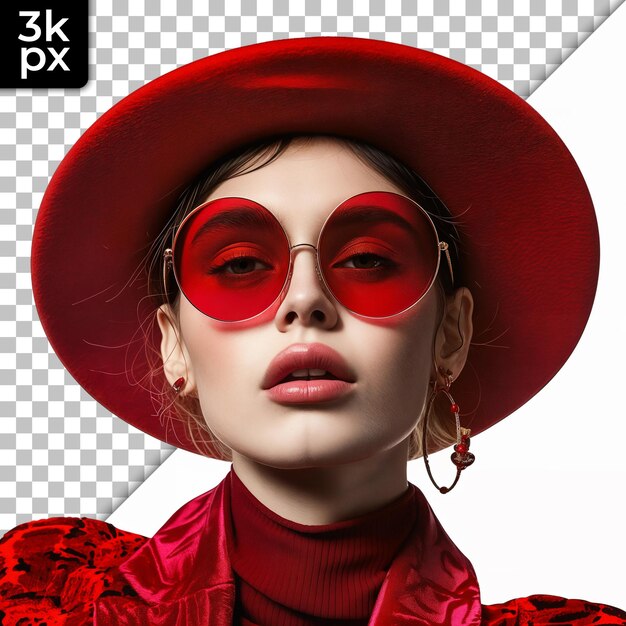 PSD a woman wearing a red hat and sunglasses with a black frame