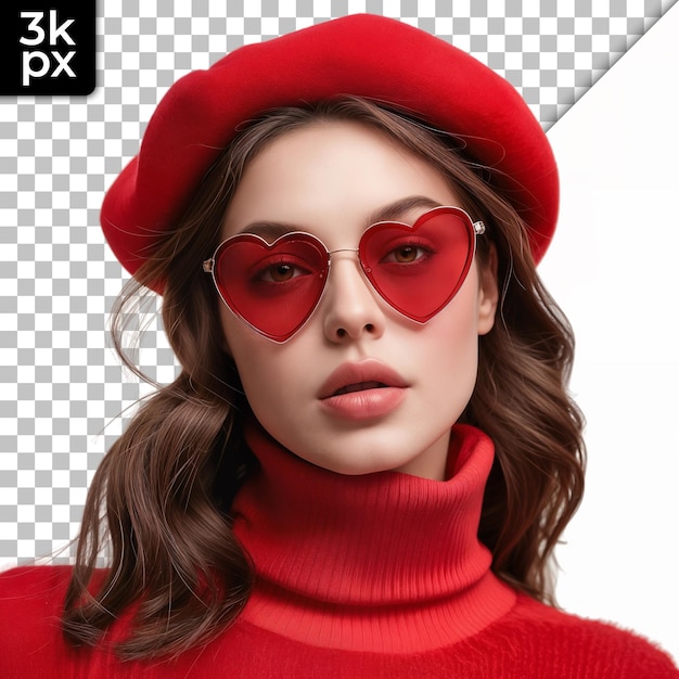 a woman wearing a red hat with a heart shaped face and sunglasses