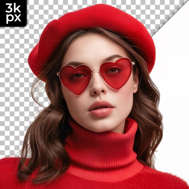 PSD a woman wearing a red hat with a heart shaped face and sunglasses