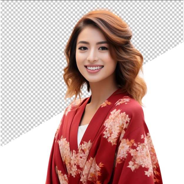 PSD a woman wearing a red kimono with flowers on the front