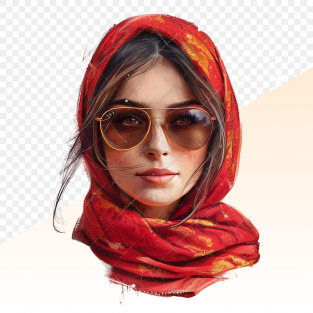 PSD a woman wearing a red scarf with a picture of a woman wearing sunglasses