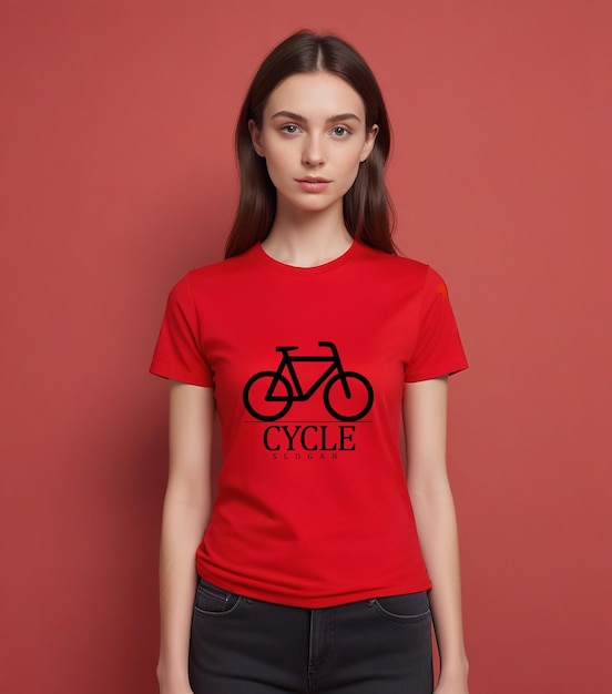 a woman wearing a red shirt that says bicycle on it