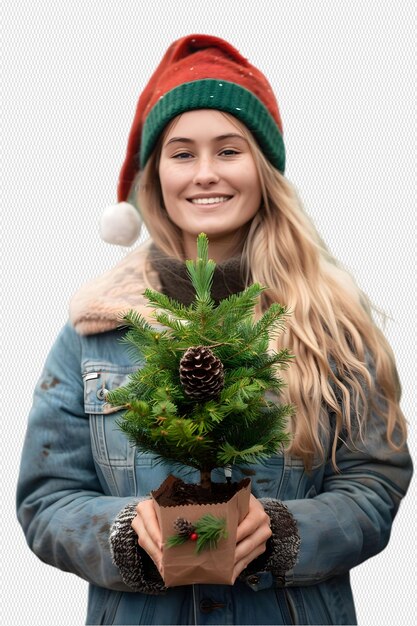 PSD woman wearing santa hat with christmas tree in hand