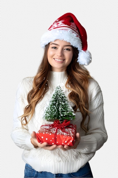 Woman wearing Santa hat with Christmas tree in hand