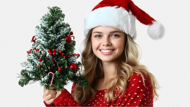 Woman wearing Santa hat with Christmas tree in hand