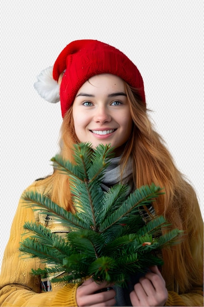 Woman wearing Santa hat with Christmas tree in hand