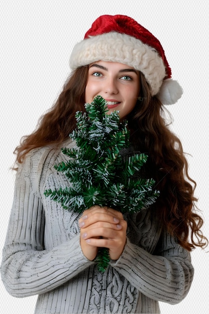 PSD woman wearing santa hat with christmas tree in hand